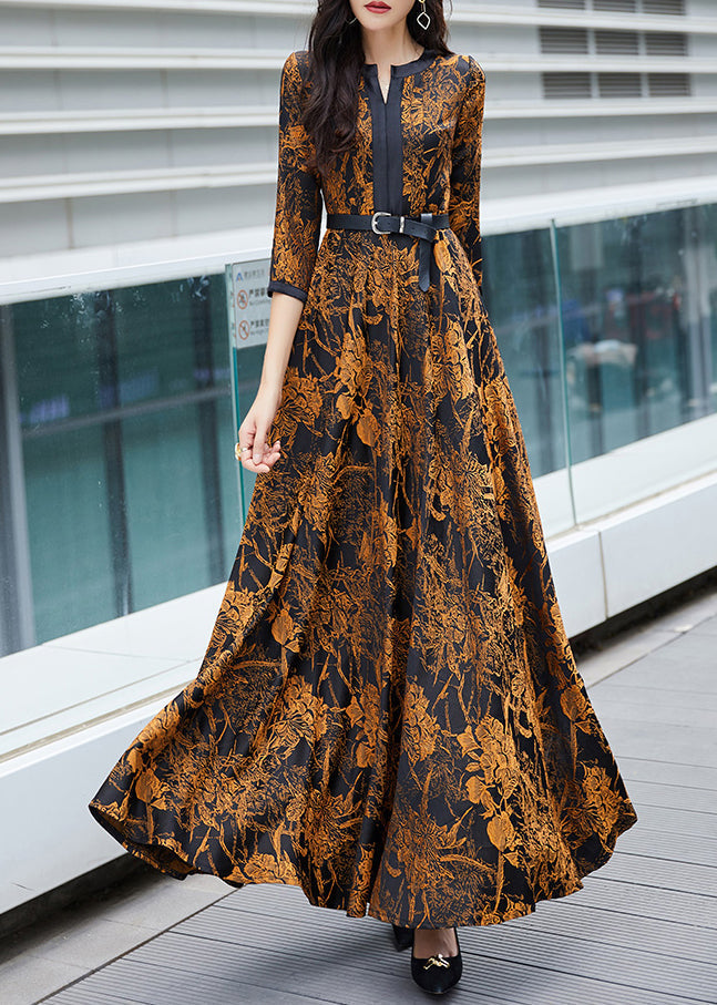 Orange Print Sashes Long Traveling Dress Spring