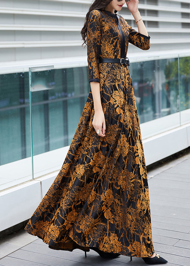 Orange Print Sashes Long Traveling Dress Spring