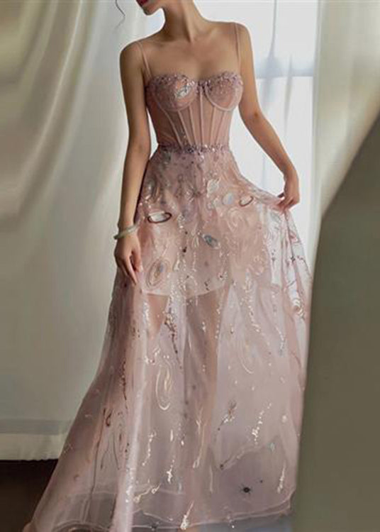 Pink Embroideried Sequins Slim Fit Tulle Maxi Dresses Sleeveless