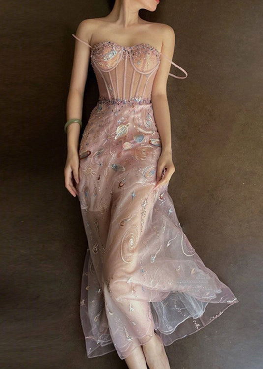 Pink Embroideried Sequins Slim Fit Tulle Maxi Dresses Sleeveless