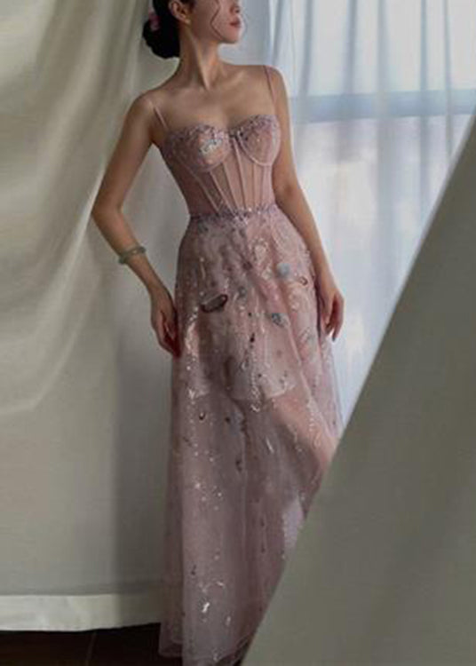 Pink Embroideried Sequins Slim Fit Tulle Maxi Dresses Sleeveless