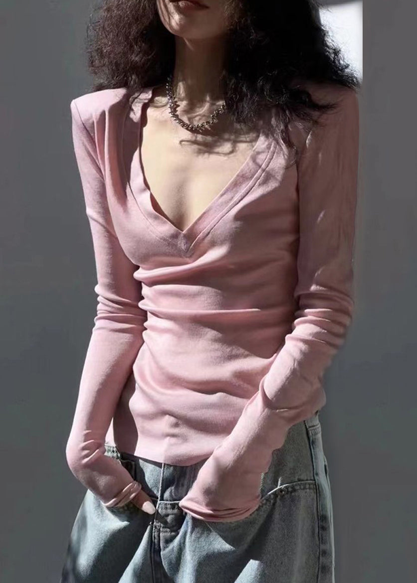 Sexy Pink V Neck Patchwork Cozy Top Spring