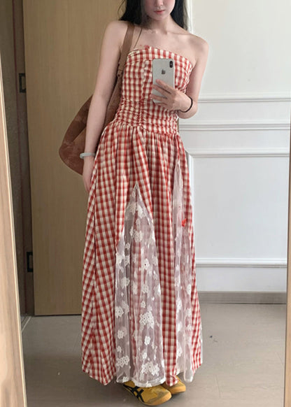 Plaid Strapless Pockets Patchwork Cotton Dress Sleeveless