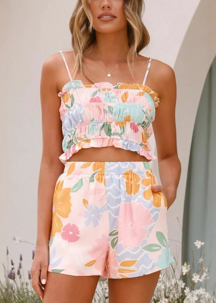 Print Elastic Strap Top and Shorts Set