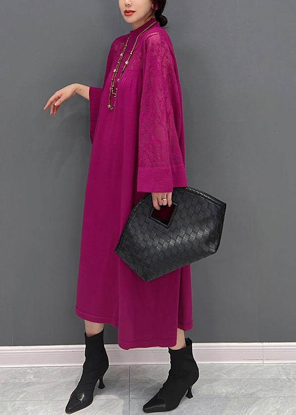 Purple Turtleneck Patchwork Knit Maxi Dress Fall