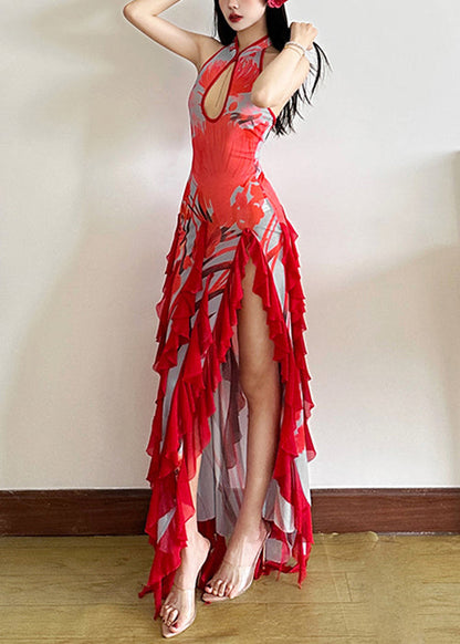 Red Backless Ruffled Side Open Tulle Long Dresses Summer