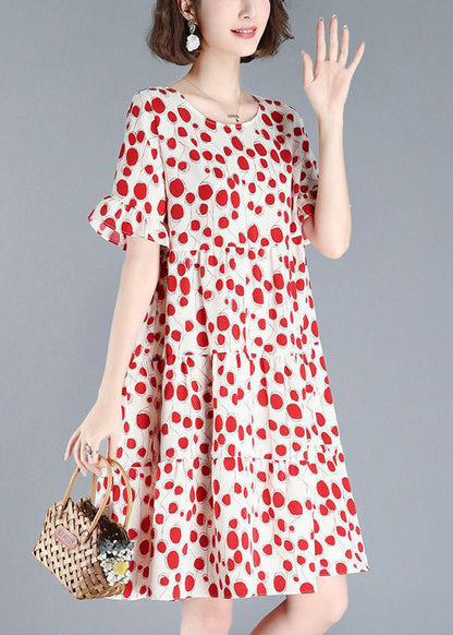 Red O-neck Dot Print Wrinkled Mid Dresses Short Sleeve