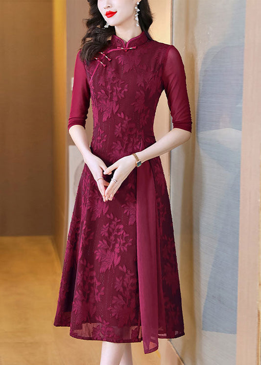 Red Print Patchwork Wrinkled Silk Long Dress Fall