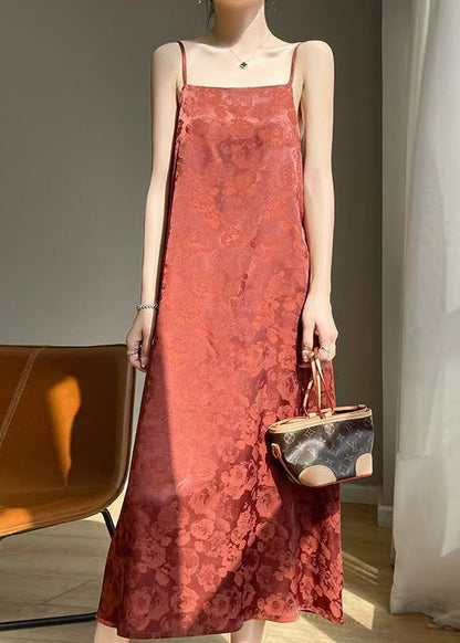 Red Print Pockets Silk Spaghetti Strap Dress Sleeveless