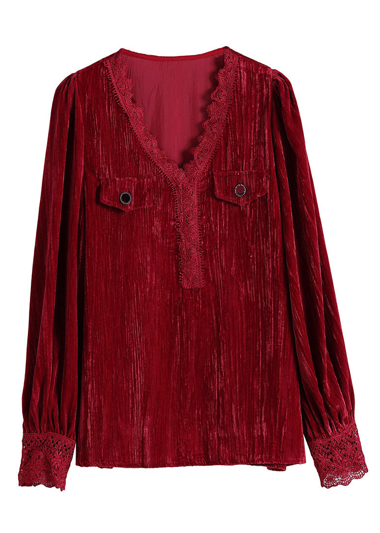 Red V Neck Lace Patchwork Silk Velour Top Long Sleeve