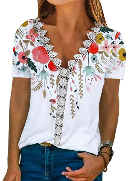 Red V Neck Printing Cotton T Shirt Female Leisure Lace Patchwork