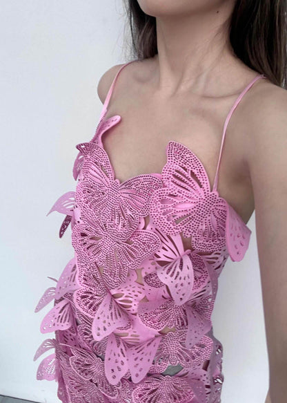Rose Butterfly Hollow Out Zircon Spaghetti Strap Dress Summer