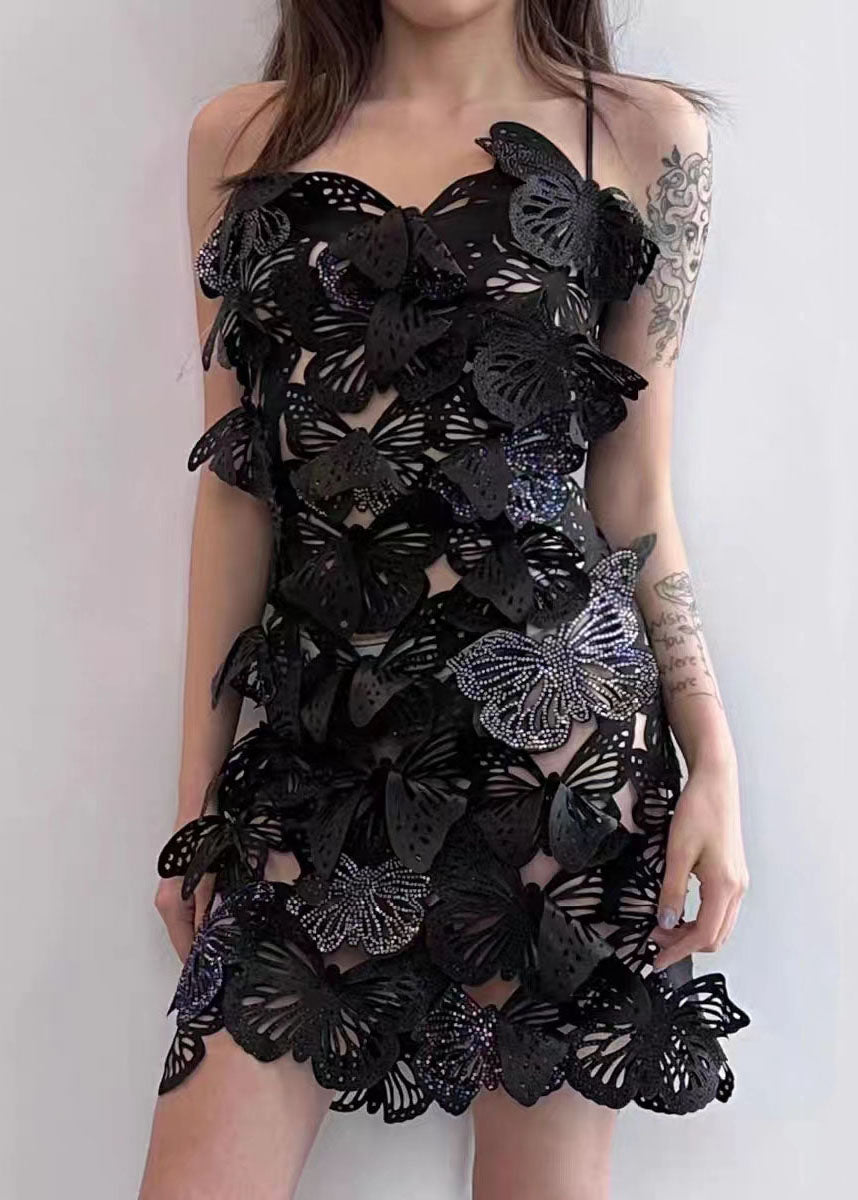 Rose Butterfly Hollow Out Zircon Spaghetti Strap Dress Summer