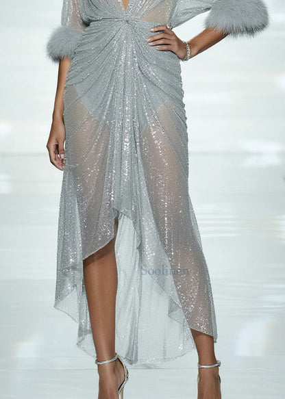 Sky Blue Sequins Patchwork Faux Fur Tulle Sheer Dress Summer