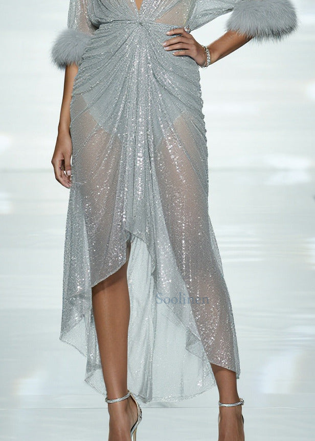 Sky Blue Sequins Patchwork Faux Fur Tulle Sheer Dress Summer