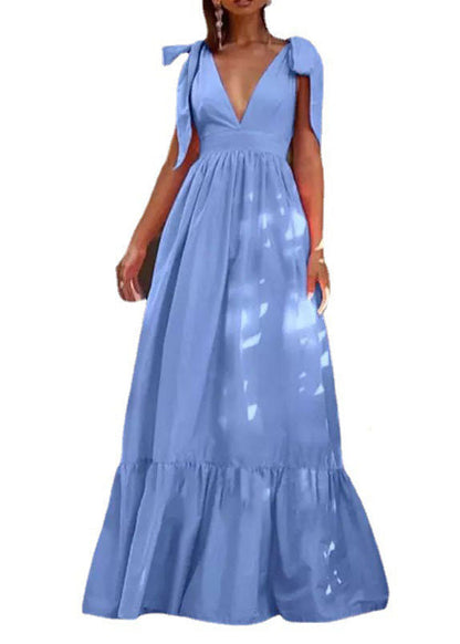 Sky Blue Wrinkled V Neck Patchwork Ruffles Maxi Dress Vestidos Sleeveless