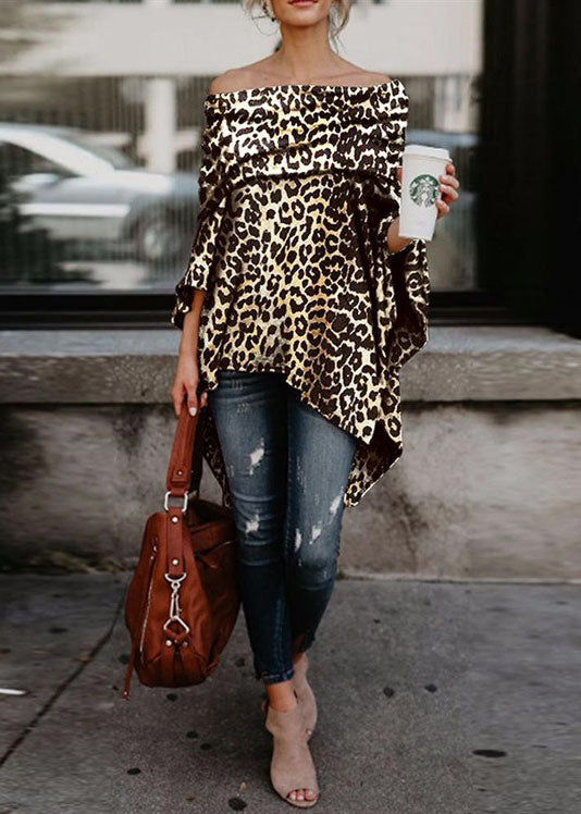 Slash Neck Asymmetrical Design Off the Shoulder Leopard Print Top Summer