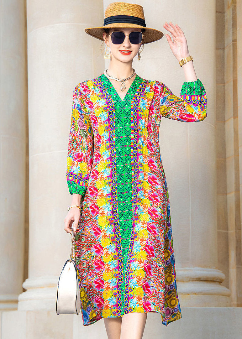 V Neck Print Pockets Silk Dress Long Sleeve