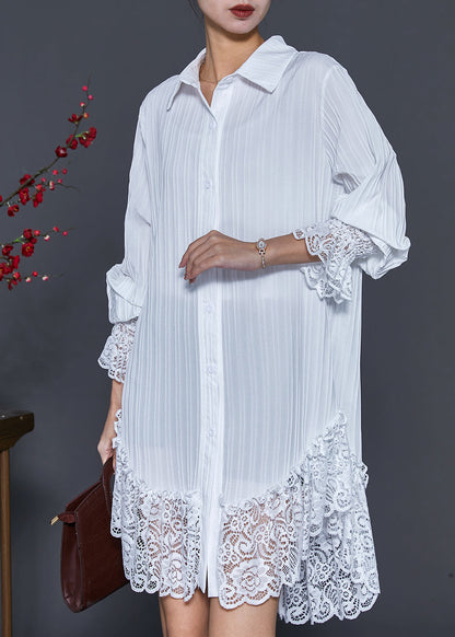White Lace Patchwork Wrinkled Chiffon Shirt Dress Spring