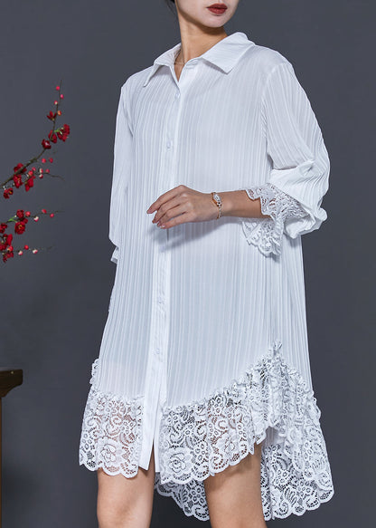 White Lace Patchwork Wrinkled Chiffon Shirt Dress Spring