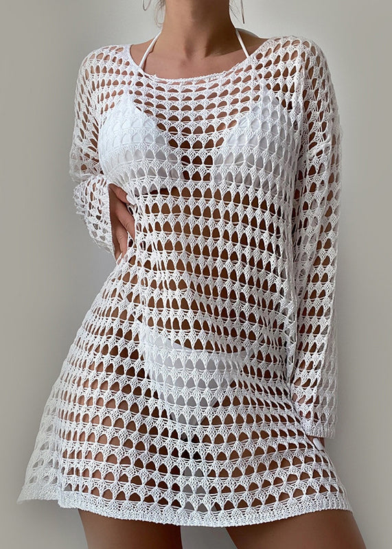 Sexy White O-Neck Hollow Out Knit Top Long Sleeve