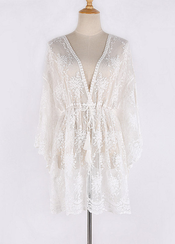 White V Neck Cinched Beach Lace Bikini Cover Ups Half Sleeve