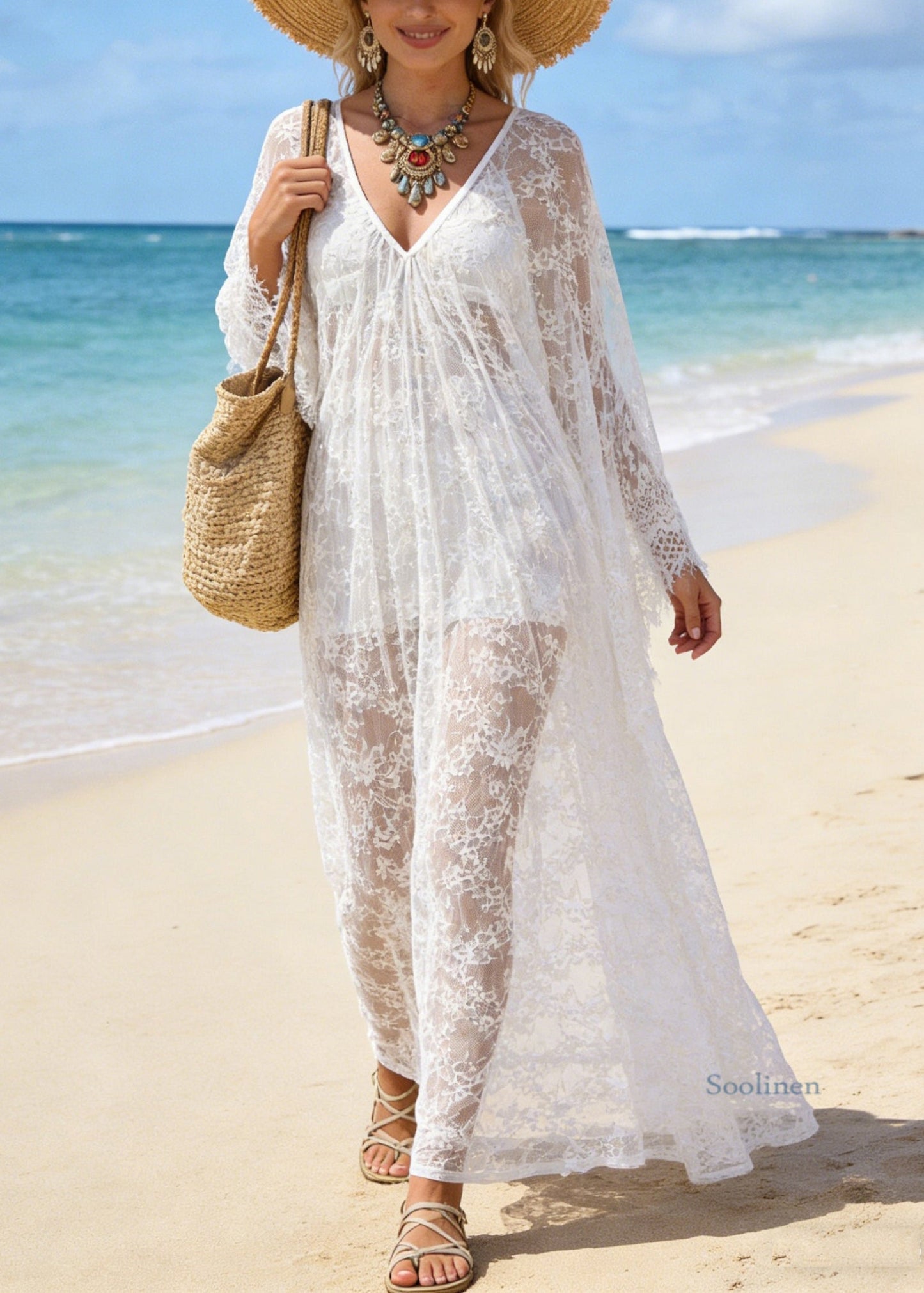White V Neck Hollow Out Oversized Lace Vacation Dresses Summer