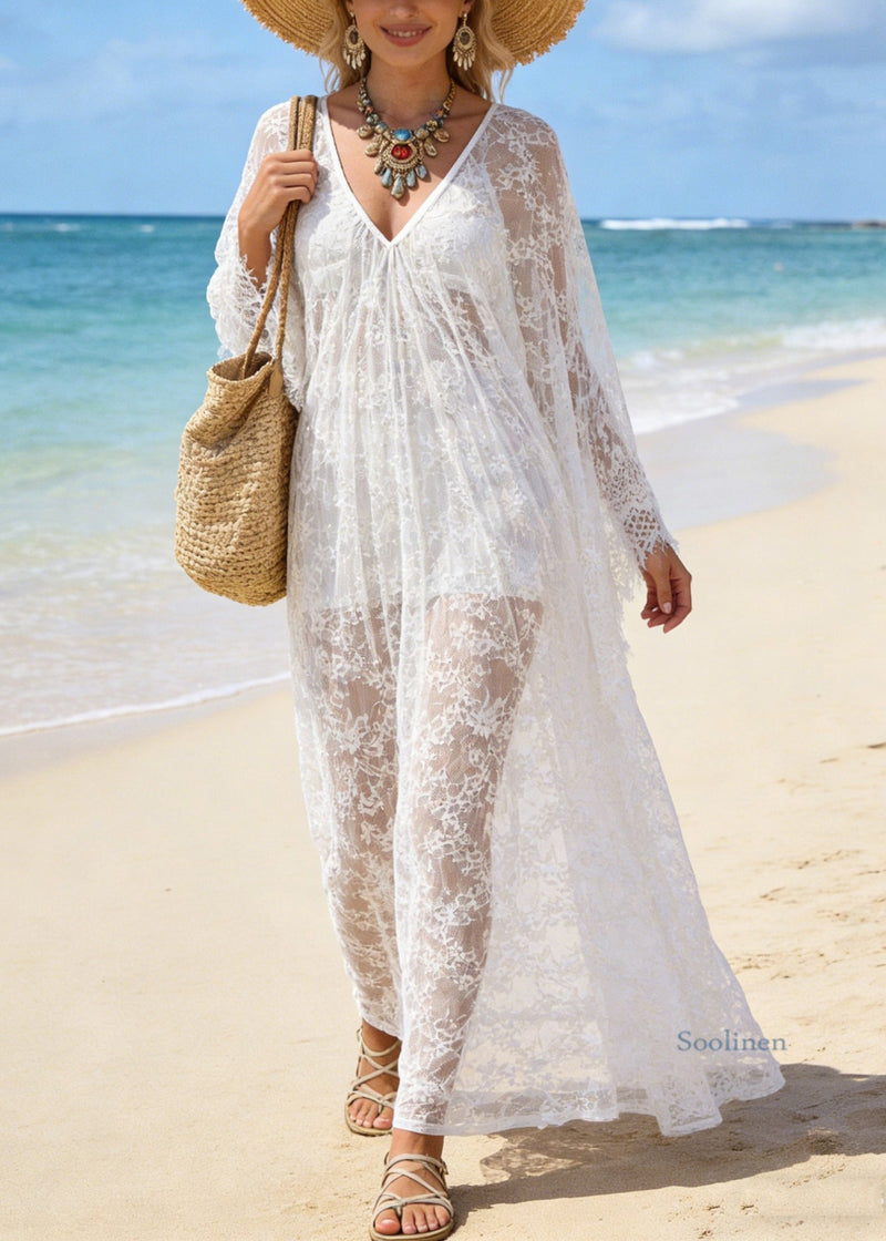 White V Neck Hollow Out Oversized Lace Vacation Dresses Summer