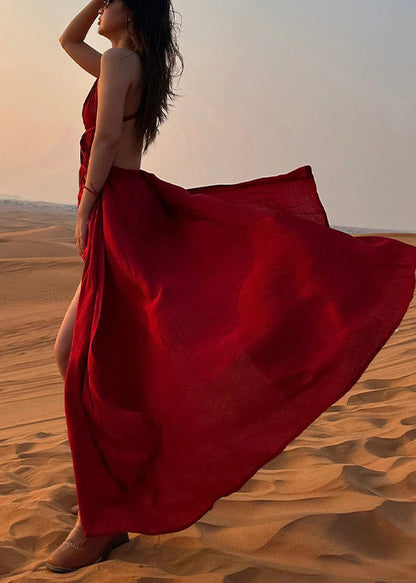 Wine Red V Neck Backless Cotton Spaghetti Strap Dress Sleeveless