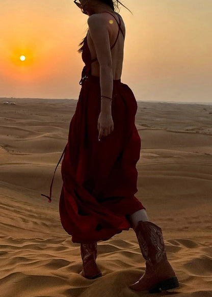 Wine Red V Neck Backless Cotton Spaghetti Strap Dress Sleeveless