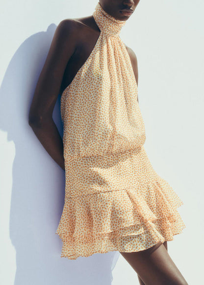 Yellow Backless Print Ruffled Chiffon Dresses Sleeveless