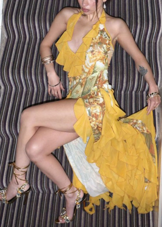 Yellow Lace Up Ruffled Print Cotton Dress Sleeveless