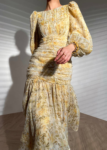 Yellow O-neck Zippered Print Wrinkled Maxi Dress Long Sleeve