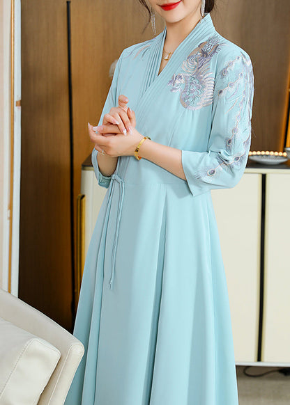 Yellow V Neck Embroideried Drawstring Satin Long Dresses Fall