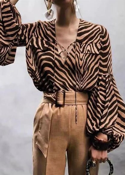Sexy Zebra Print V-Neck Lace-Up Lantern Sleeve Shirt