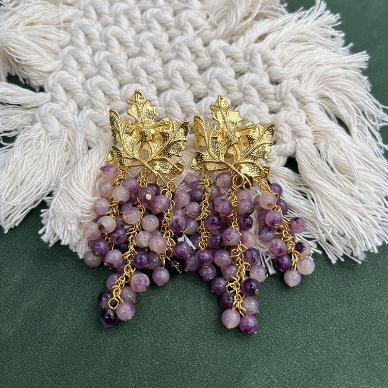 Grape & Gold Leaf Tassel Earrings