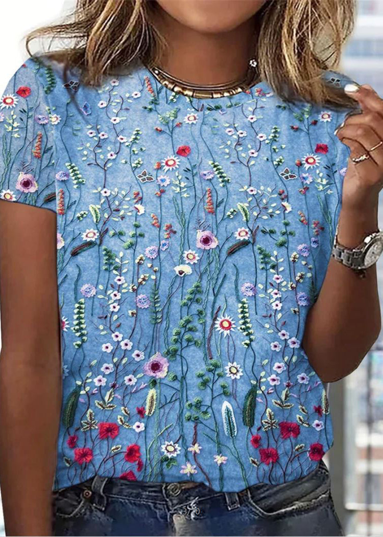 Short Sleeve T Neck Flower Loose T Shirt Grey