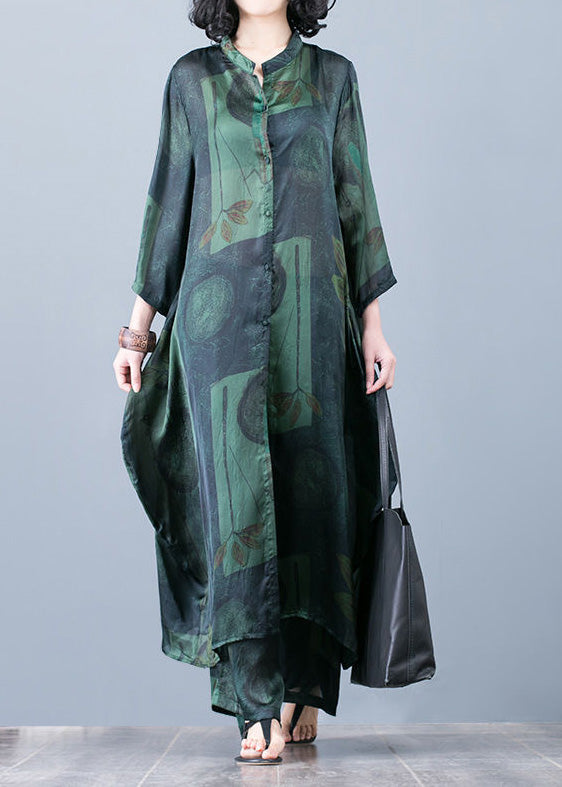 Thin Green Print Chiffon Wide-leg Pants Two-piece Suit