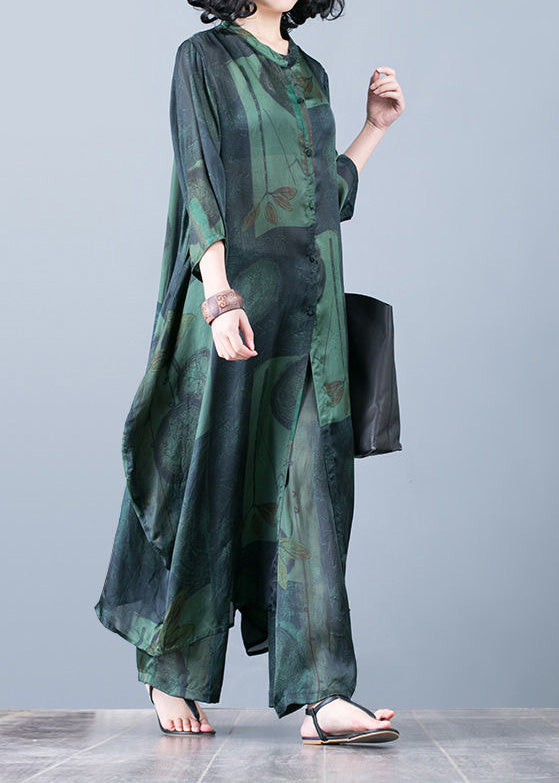 Thin Green Print Chiffon Wide-leg Pants Two-piece Suit