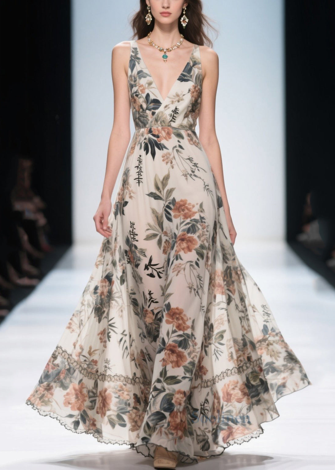 Silm Fit Apricot Print Draping Chiffon Long Dresses Summer