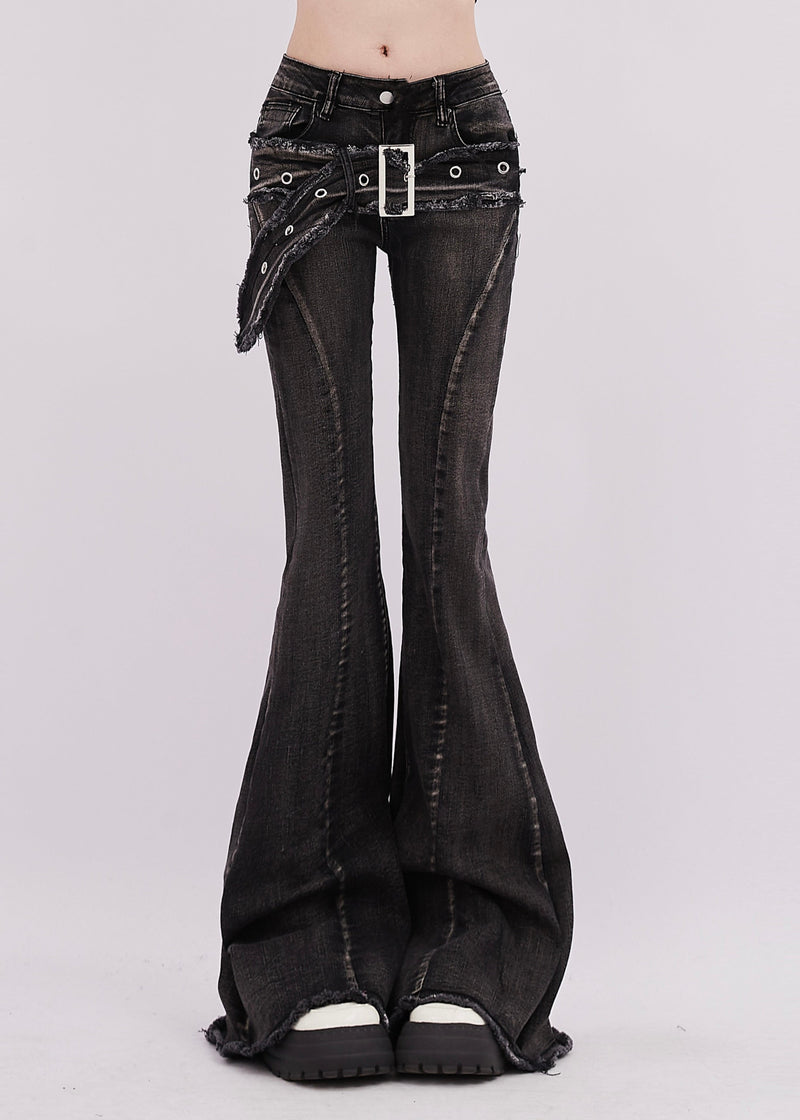 Silm Fit Black Asymmetrical Denim Bell-bottom Trousers Spring