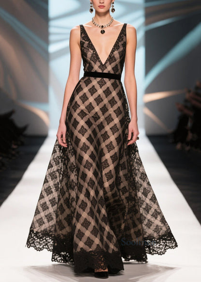 Silm Fit Black Print Patchwork Lace Chiffon Dinner Dress Summer
