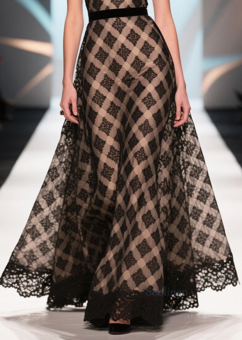 Silm Fit Black Print Patchwork Lace Chiffon Dinner Dress Summer