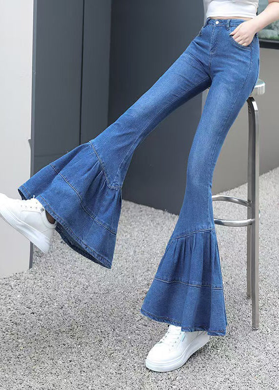 Silm Fit Blue Wrinkled Denim Bell-bottom Trousers Spring