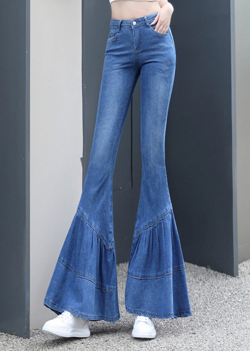 Silm Fit Blue Wrinkled Denim Bell-bottom Trousers Spring