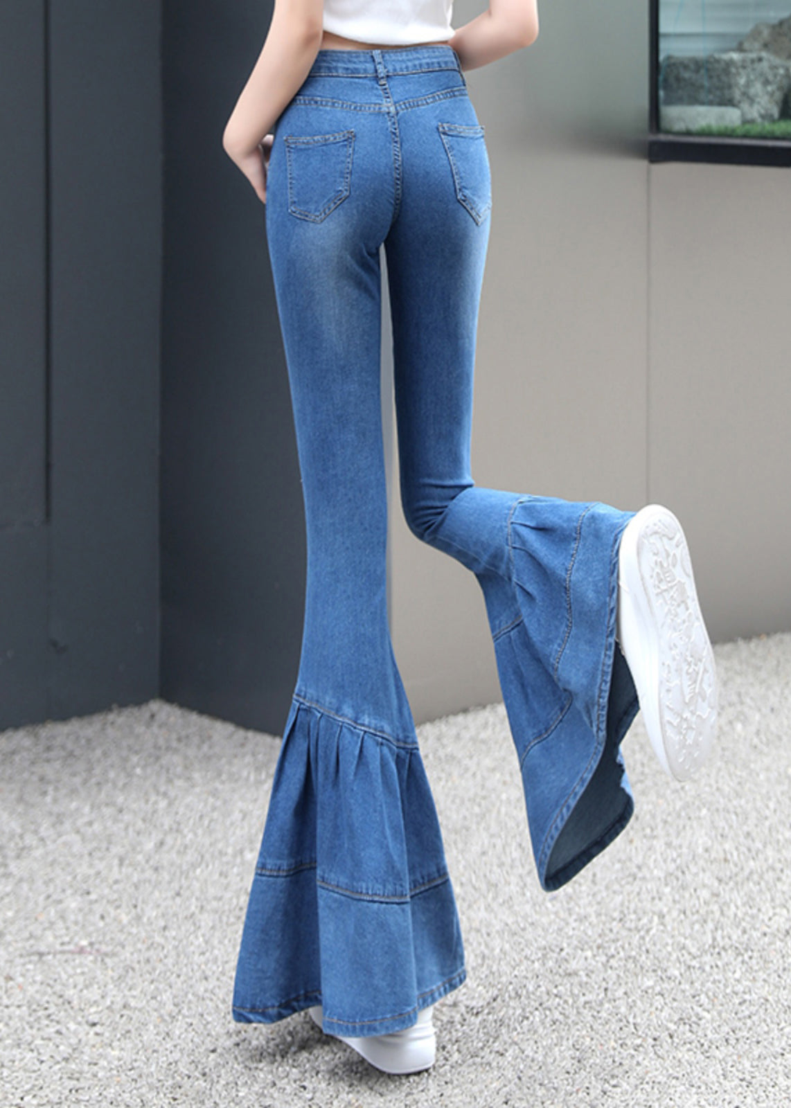 Silm Fit Blue Wrinkled Denim Bell-bottom Trousers Spring