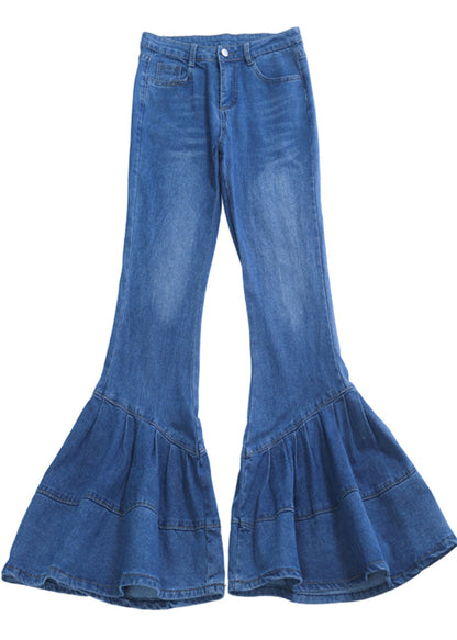 Silm Fit Blue Wrinkled Denim Bell-bottom Trousers Spring
