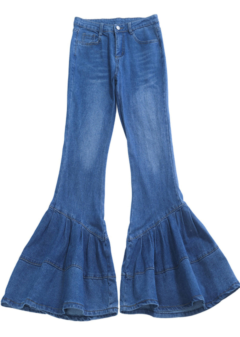 Silm Fit Blue Wrinkled Denim Bell-bottom Trousers Spring