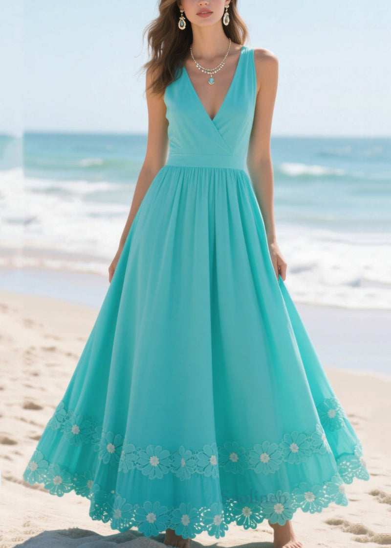 Silm Fit Lake Blue Patchwork Flower Lace Chiffon Long Dresses Summer