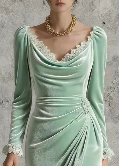 Silm Fit Light Green Lace Patchwork Wrinkled Silk Velvet Long Dress Spring